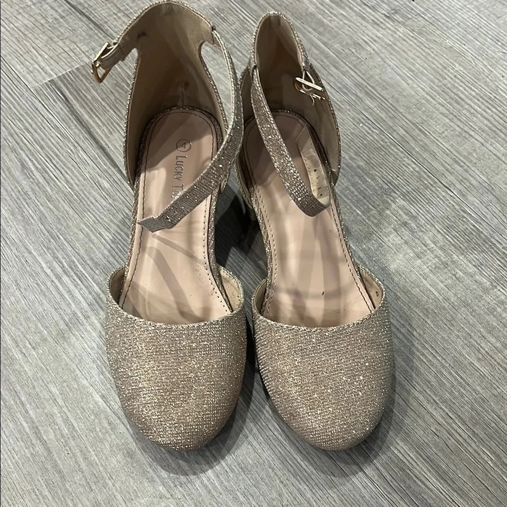 Gold Dress Shoes with Ankle Straps and Shimmery Finish